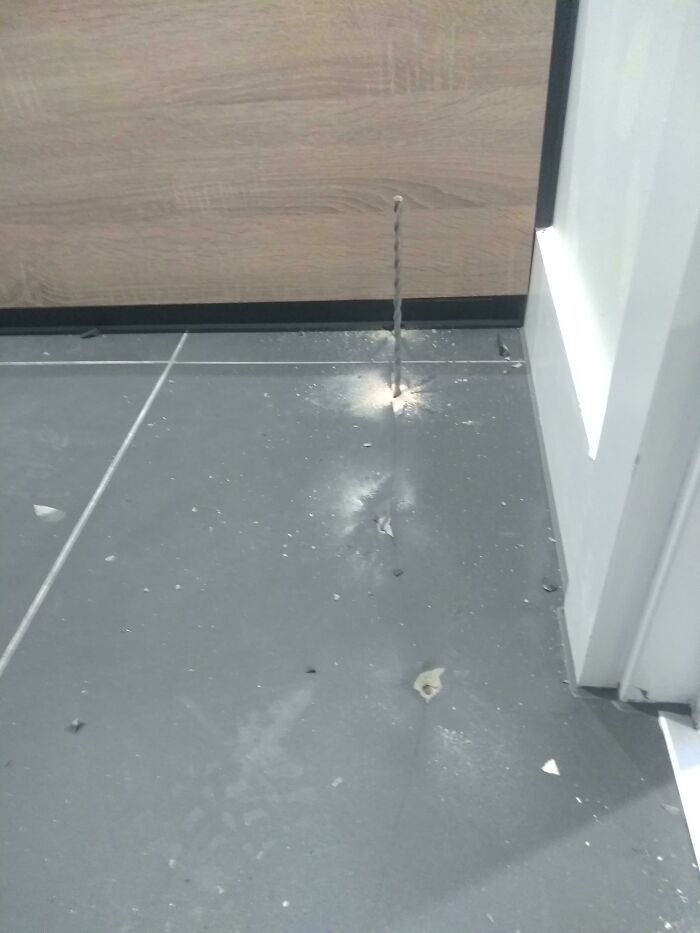 A drill bit emerging through a wooden floorboard, showing questionable home improvement.