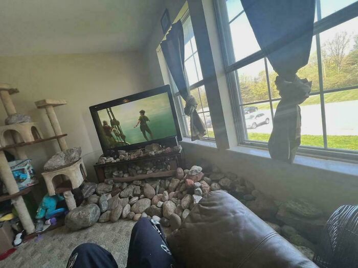 A living room with a TV surrounded by large rocks, showcasing questionable home improvement projects.