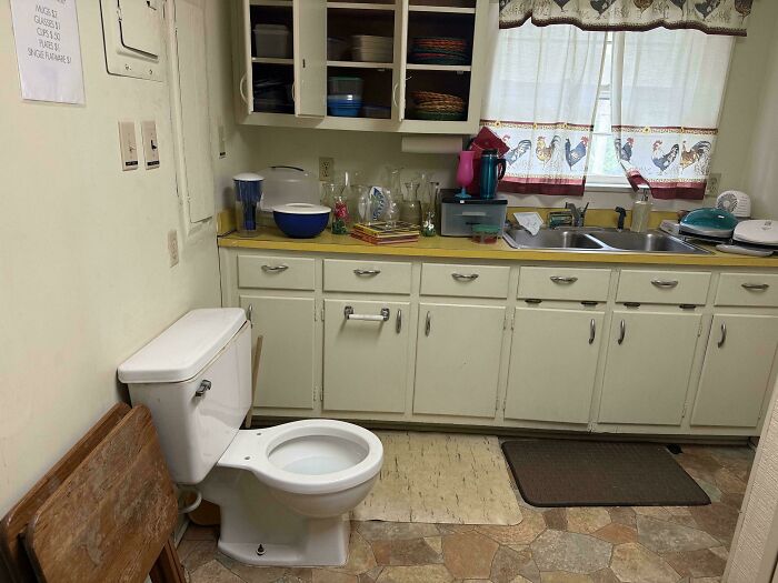 A kitchen with a toilet installed directly next to the counter and sink, illustrating questionable home improvement.