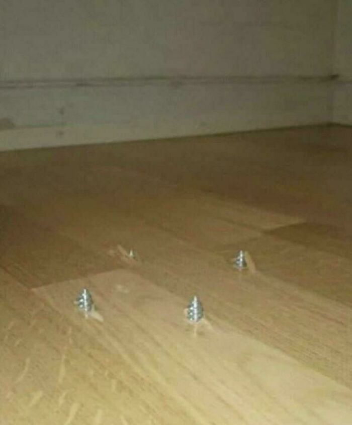 Several screws sticking up from a wooden floor, highlighting questionable results from home improvement projects.