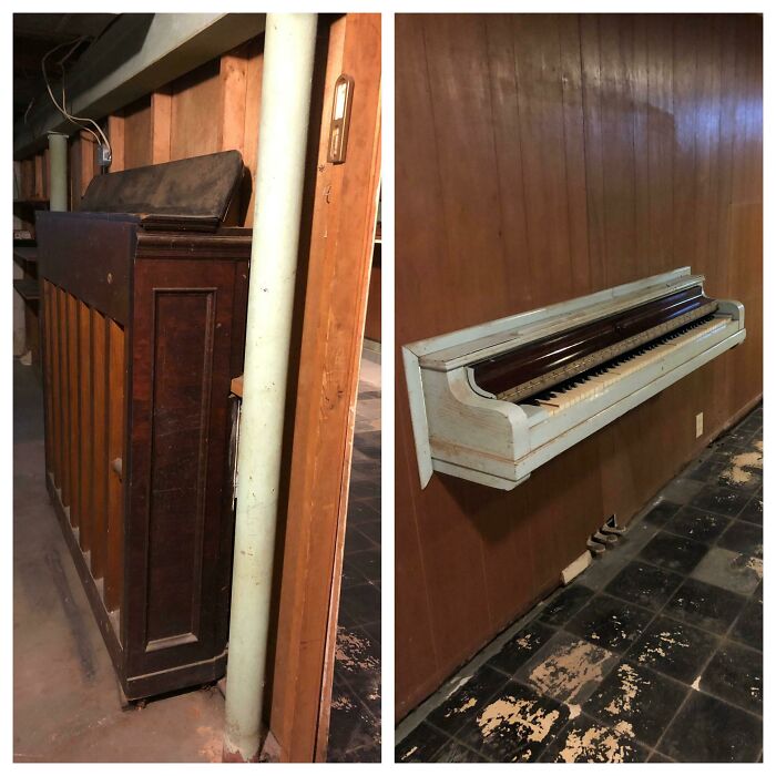 Questionable home improvement project: a light blue piano shelf mounted on a wood-paneled wall above a damaged floor.