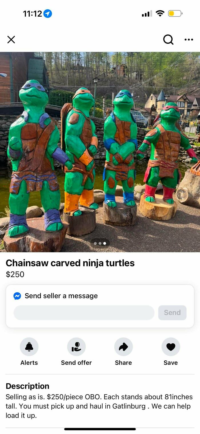 Four unhinged secondhand finds: chainsaw carved ninja turtles standing outdoors in a natural setting.