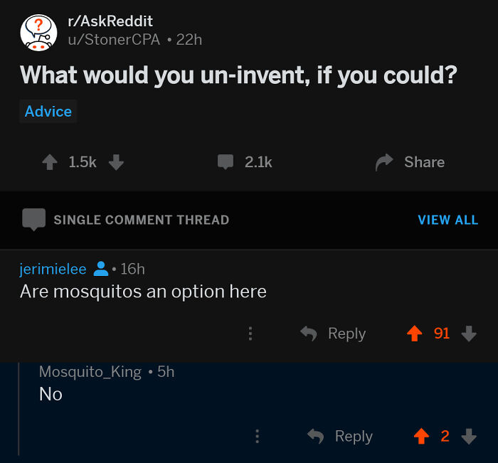 A humorous Reddit thread from r/AskReddit asking what people would un-invent, highlighting the need to read the comments.