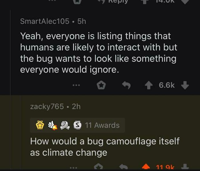 A Reddit thread discussing how a bug would camouflage itself, showing comments about needing to read the comments.