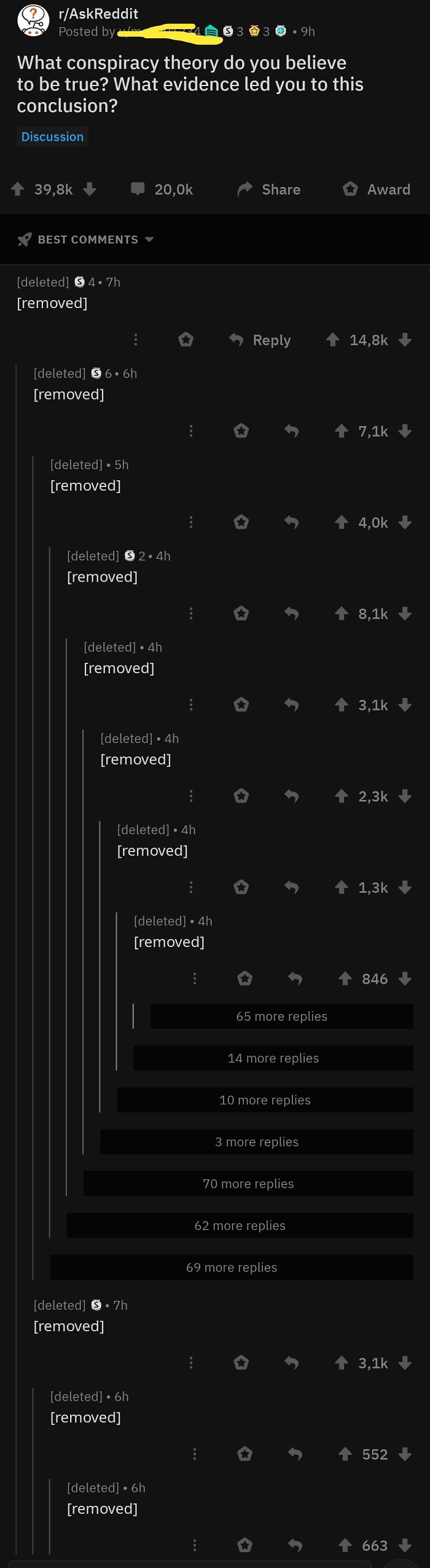 A long Reddit thread where almost all comments are [removed], showing the importance of reading the comments for context.