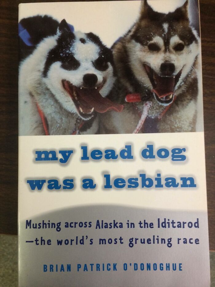 An unhinged secondhand book cover titled My Lead Dog Was a Lesbian with two happy husky dogs.