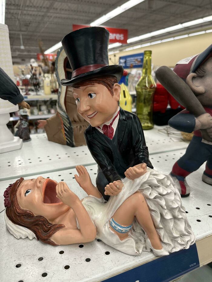 An unhinged secondhand find: A figurine of a groom lifting a bride's dress. A cursed treasure for sure.