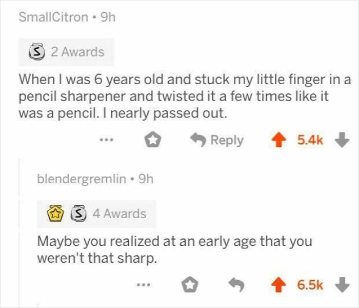 A funny Reddit thread featuring a story about a pencil sharpener and witty comments, proving the need to read the comments.