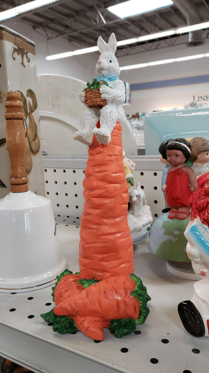 An unhinged secondhand find: A bunny figurine sitting atop a phallic carrot. A cursed treasure.
