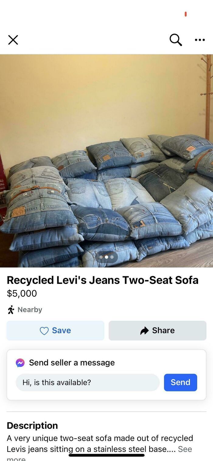 A sofa made from recycled Levi's jeans, one of the unhinged secondhand finds.