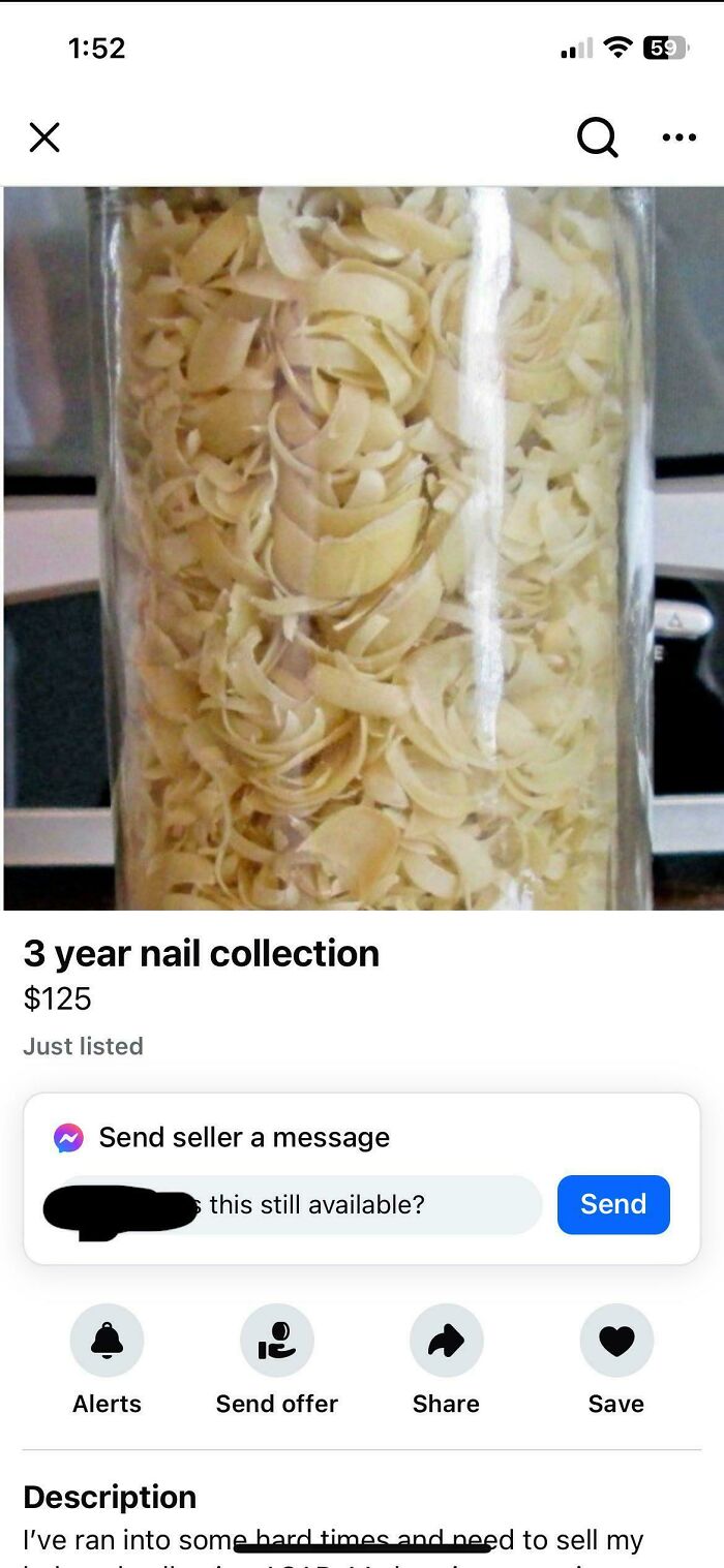 A glass jar filled with a 3-year nail collection, among other cursed secondhand finds.