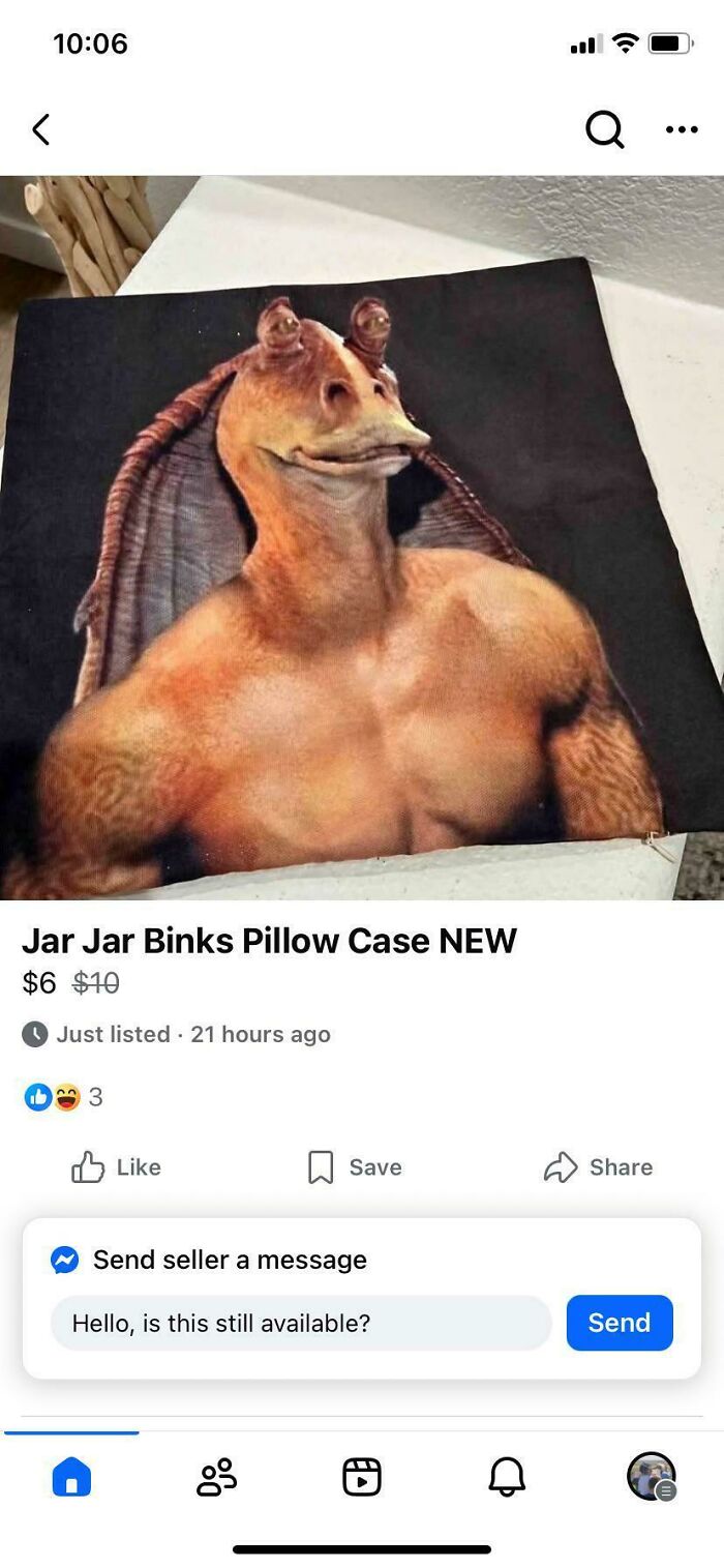 A Jar Jar Binks pillow case showing a muscular Jar Jar, one of many unhinged secondhand finds.