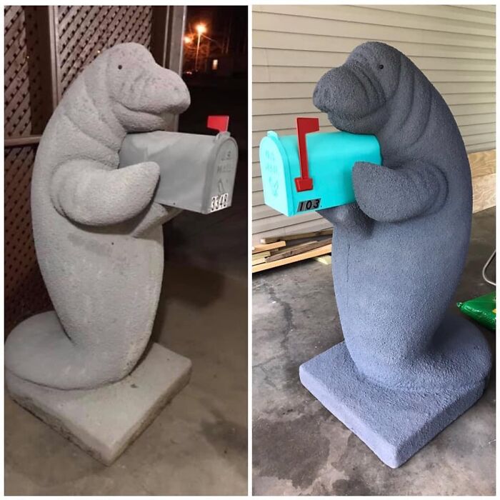 A manatee-shaped mailbox, a curious example of unhinged secondhand finds.