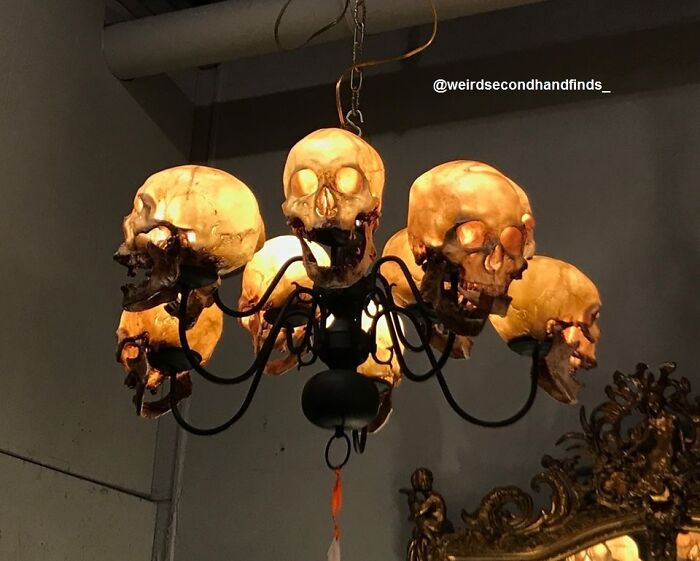 A bizarre chandelier made of skull-shaped lights, among the unhinged secondhand finds.