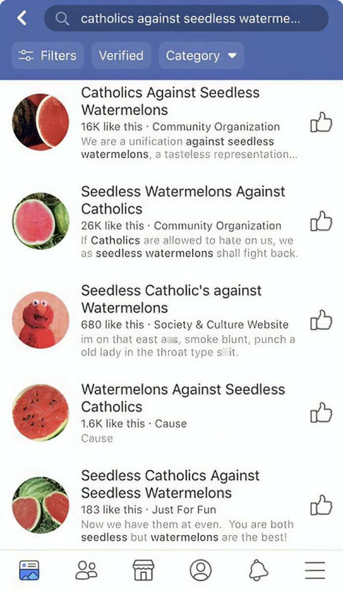 Hilarious photo of various internet groups with funny names like Catholics Against Seedless Watermelons, showcasing internet humor.