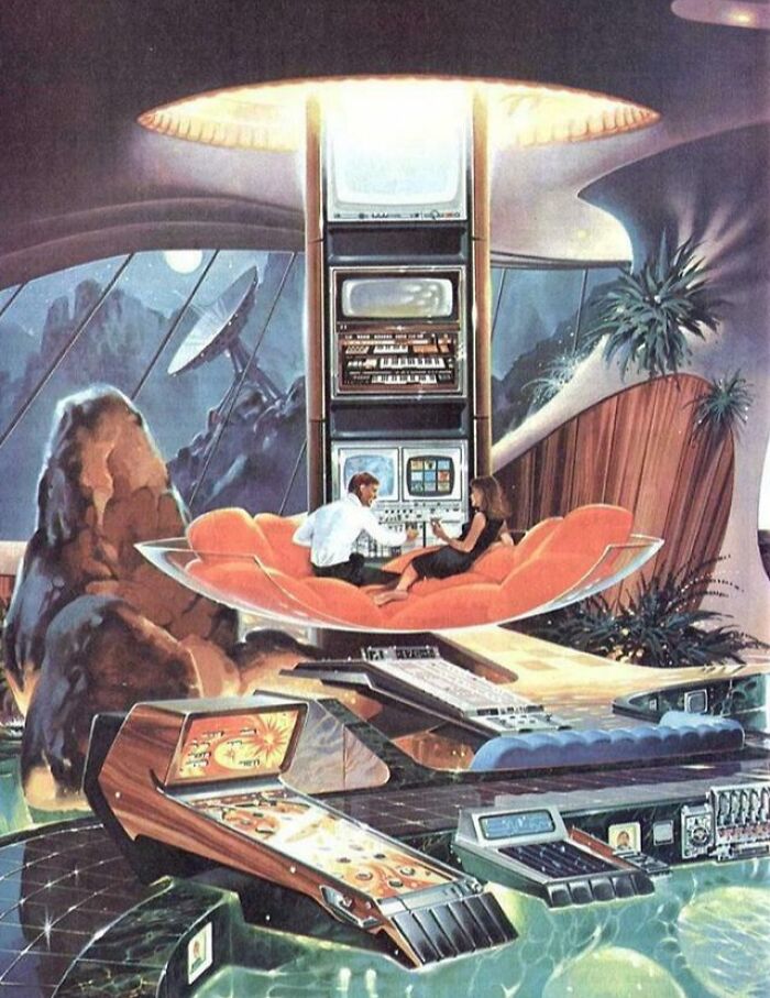 Retrofuturistic image of a futuristic living room with a couple, showing past imaginings of the future.