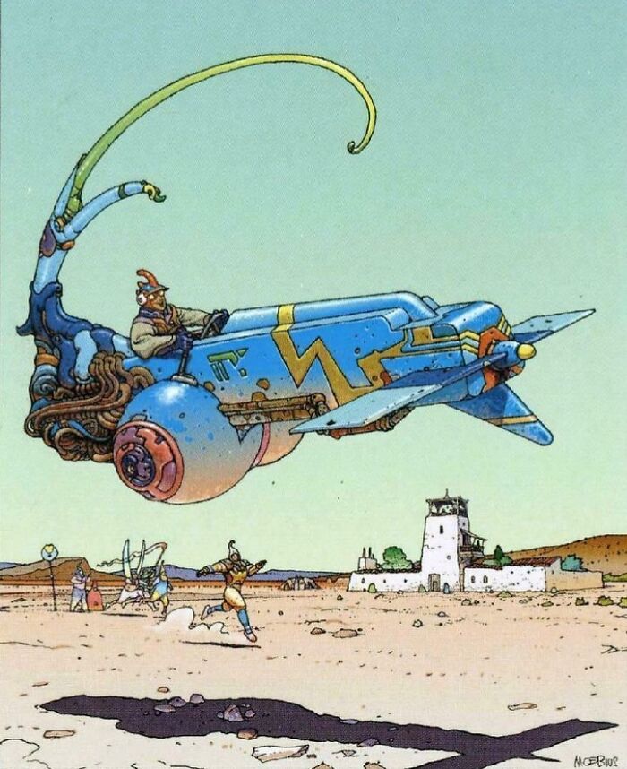 Retrofuturistic image of a person flying a scorpion-like vehicle over a desert landscape with ancient structures.