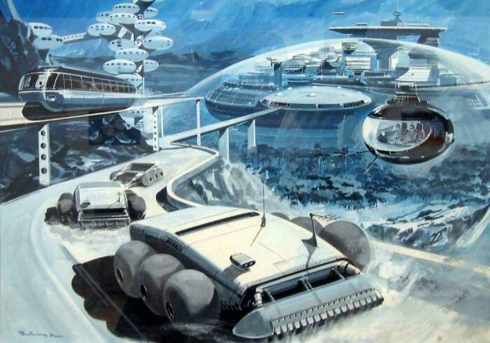 Retrofuturistic image of a futuristic city under a dome with advanced vehicles, imagining the future.