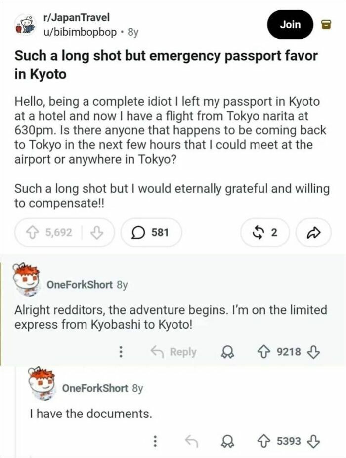 A Reddit thread about a lost passport in Kyoto, showing that you always need to read the comments for helpful solutions.