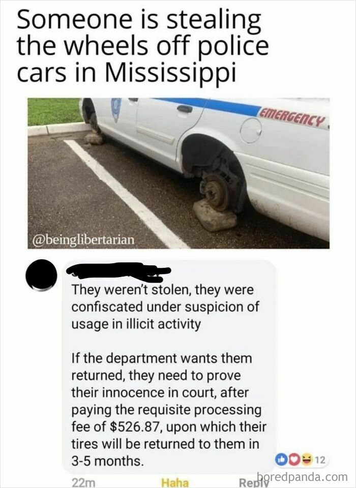 A humorous and chaotic good post about confiscated police car wheels, demonstrating a unique form of real-life inspiration.