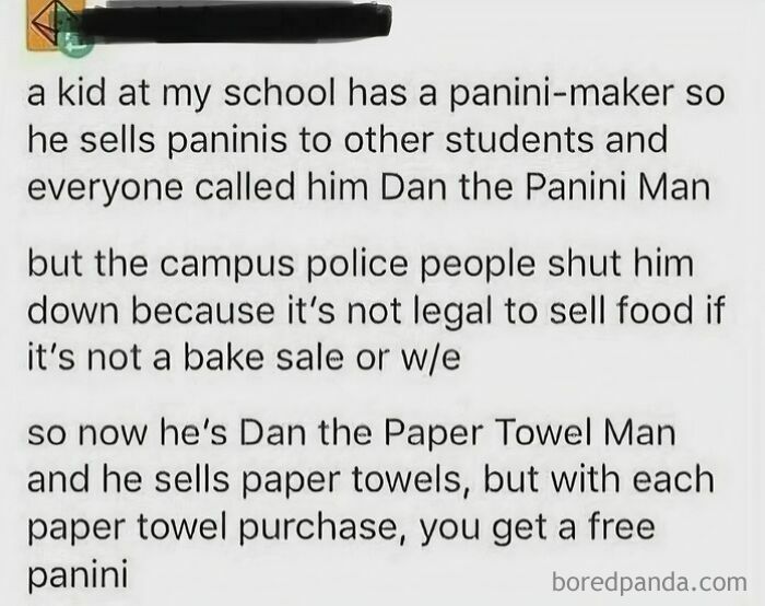 A text post about a kid selling paninis, then paper towels with free paninis, illustrating chaotic good posts.