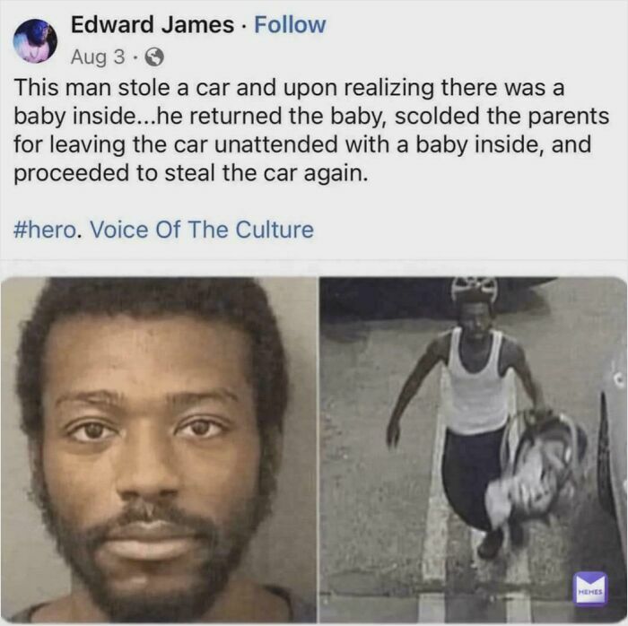 A split image of a man's mugshot and a surveillance photo of him carrying a baby, a chaotic good moment from real life.