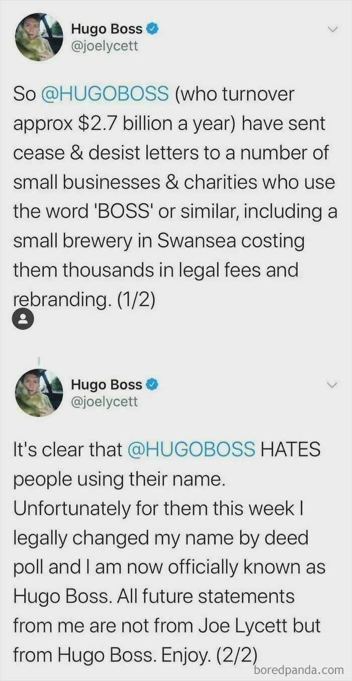 A chaotic good post of a tweet from Joe Lycett, who legally changed his name to Hugo Boss.