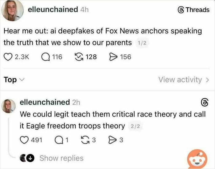 A Reddit post about chaotic good posts, discussing using AI deepfakes of news anchors and critical race theory.