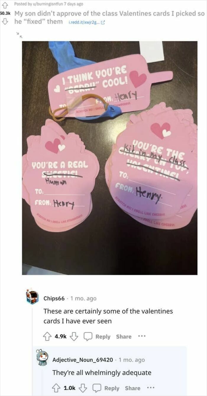 A Reddit thread showcasing humorous Valentines cards and comments, highlighting why you should always read the comments.