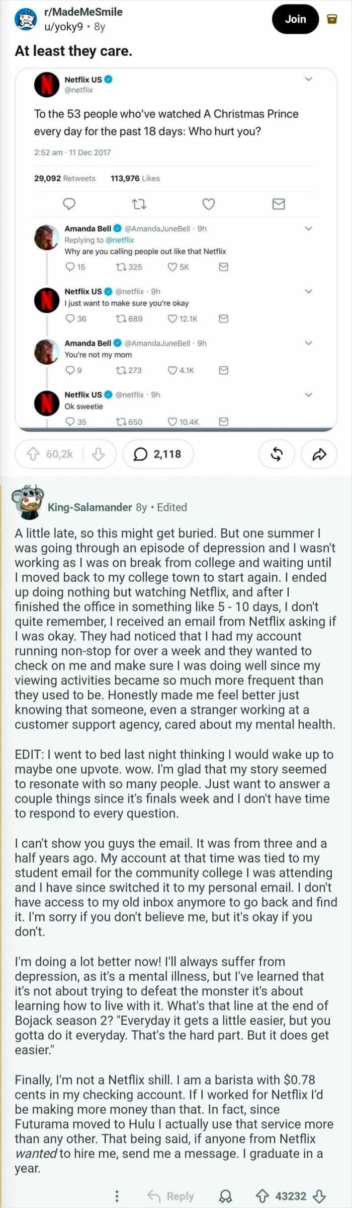 A Reddit thread from r/MadeMeSmile with comments proving you always need to read the comments for wholesome stories.