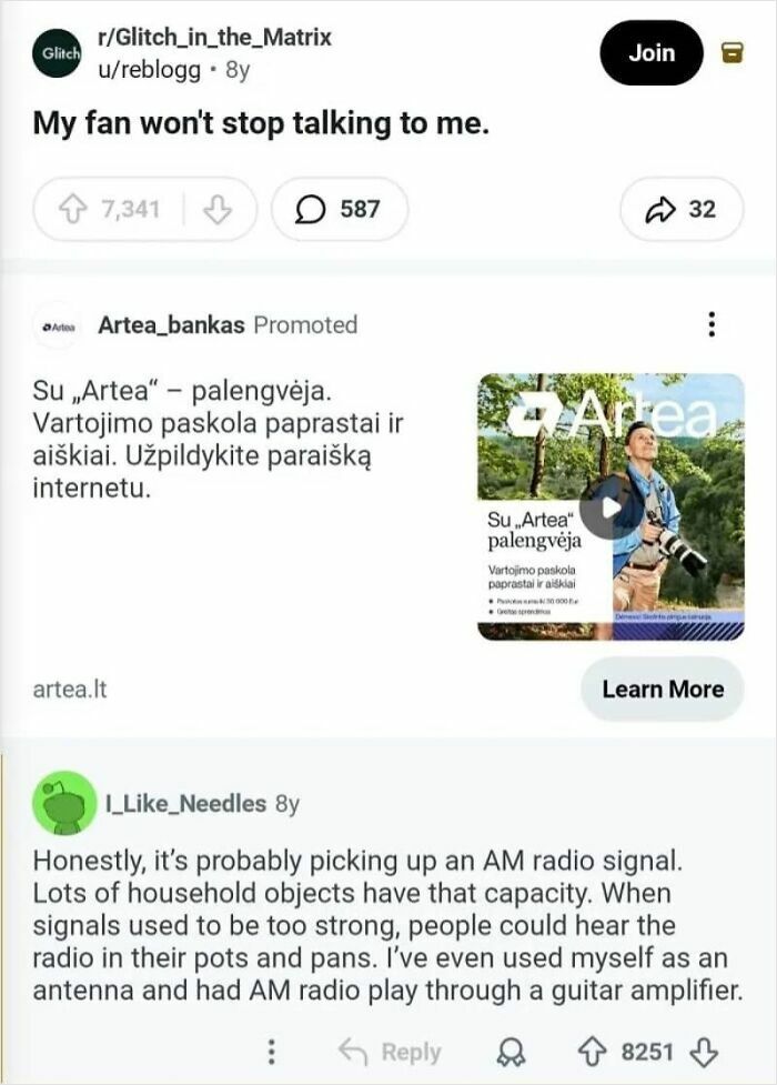 A Reddit thread asking My fan won't stop talking to me. with a technical explanation in the comments.
