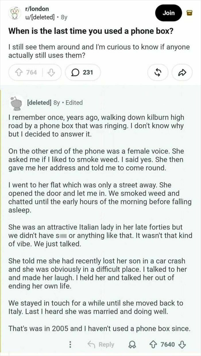 A Reddit thread asking When is the last time you used a phone box? with a heartwarming story in the comments.