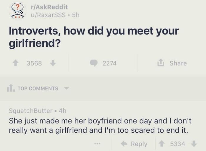 A Reddit post asking introverts how they met their girlfriend, a funny thread proving to read the comments.