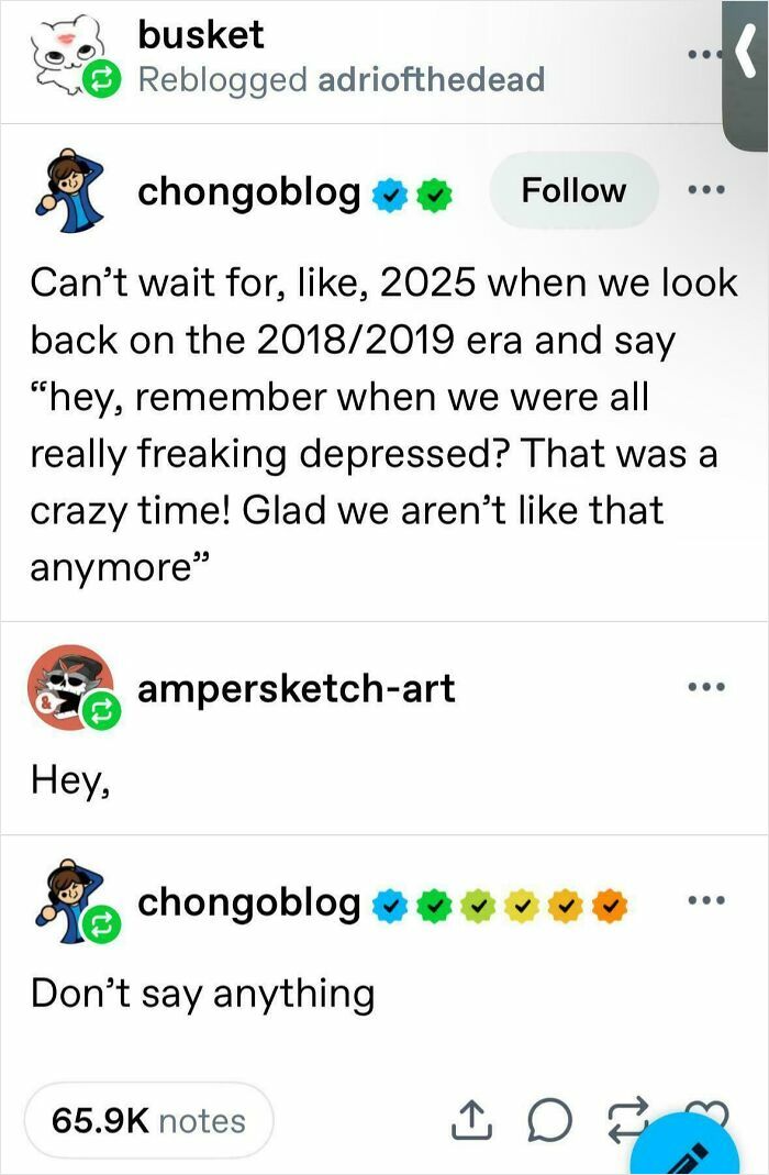 A Tumblr post by chongoblog, reblogged by adriofthedead, discusses 2018/2019 depression, showing beliefs that aged poorly.