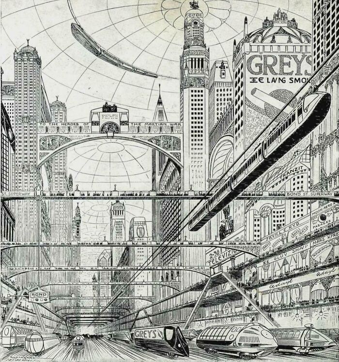 An illustration of a futuristic city with flying trains and advanced architecture, showing retrofuturistic urban life.