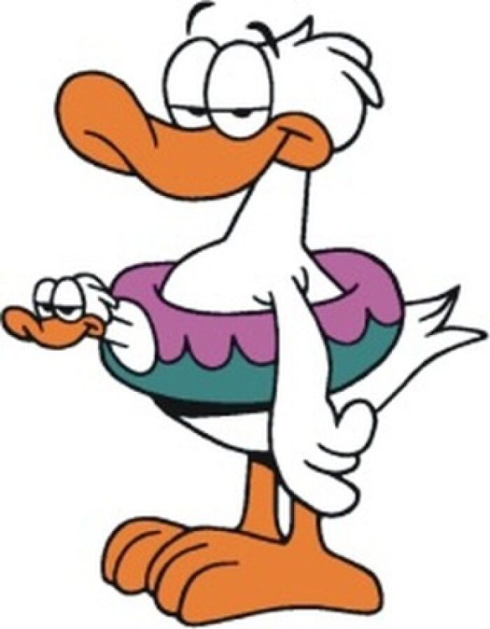 A cartoon duck wearing a floatation device, depicting unexpected life plot twists.