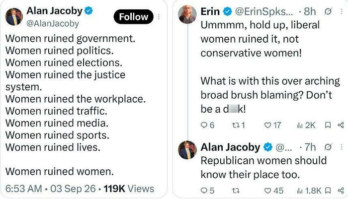 A split image of two tweets showing Alan Jacoby's initial tweet blaming women for everything, and a follow-up tweet from Erin calling out his hypocrisy.