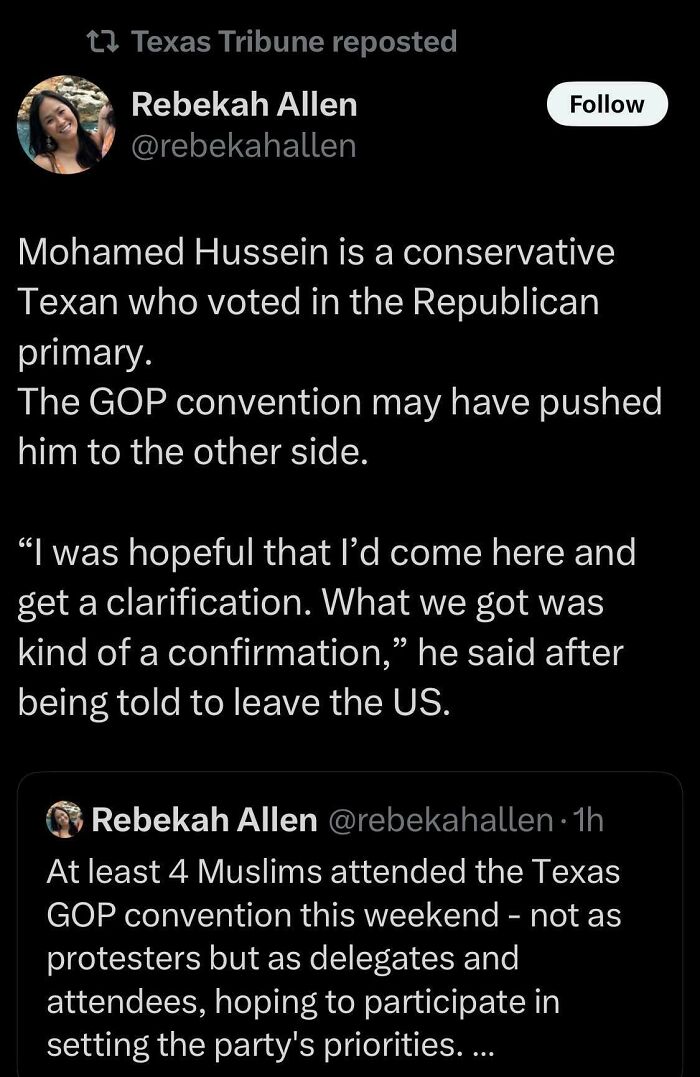 Tweet by Rebekah Allen about a conservative Texan facing consequences of hypocrisy after a GOP convention.