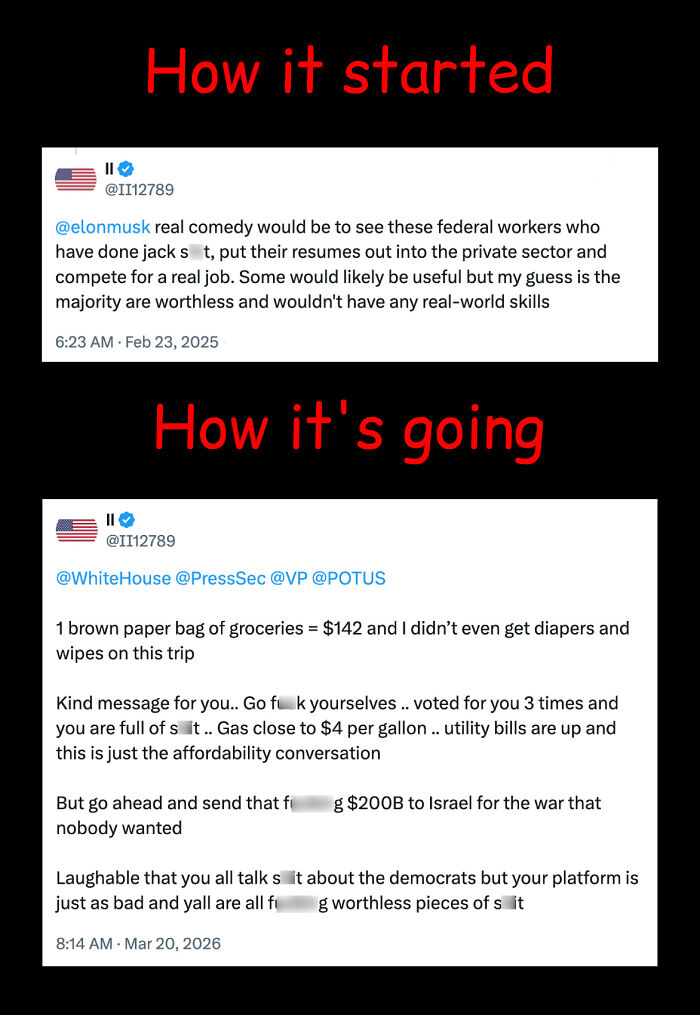 A user's posts illustrate the hypocrisy of changing views on federal workers and government spending.
