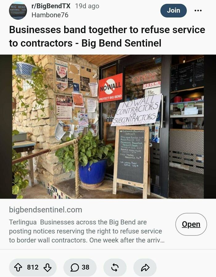 Storefront with signs refusing service to contractors, showcasing hypocrisy in business practices and local issues.