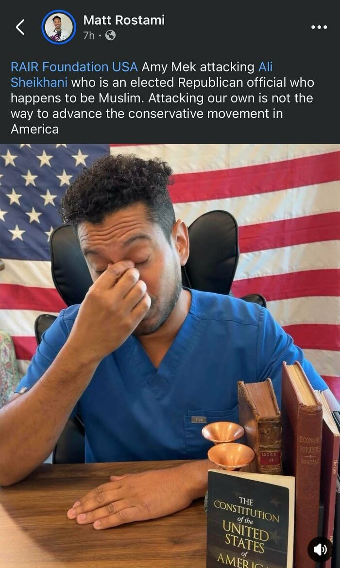 A man shown crying with a US flag in the background, illustrating the hypocrisy of internal attacks within a political movement.