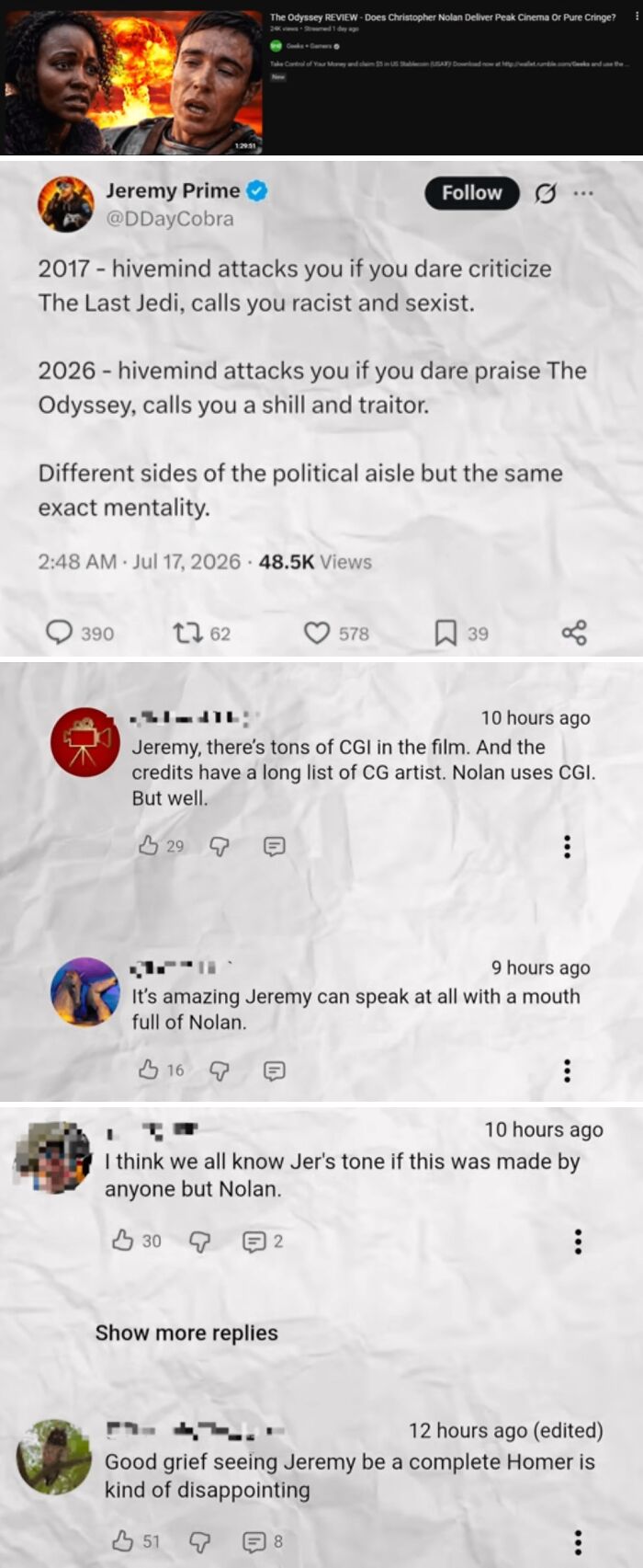 A long screenshot showing a tweet from Jeremy Prime about political polarization, illustrating the hypocrisy of online discourse.
