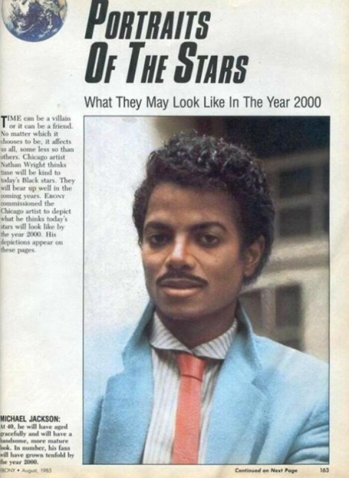 Michael Jackson portrayed in 1985, predicting how his beliefs and words will age over time by the year 2000.