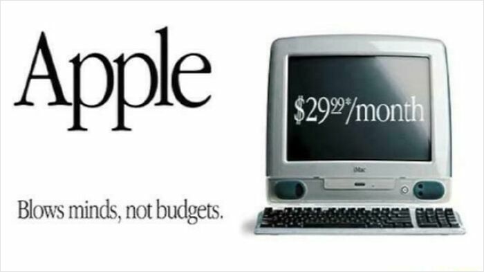 An old Apple iMac advertisement with the text: Blows minds, not budgets. The image shows how beliefs and words age over time.