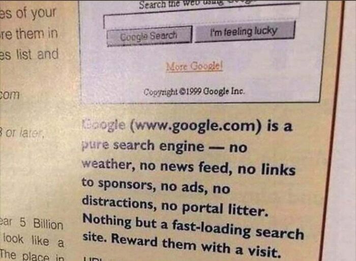 A vintage textbook touts Google as a pure search engine with no ads or distractions, beliefs that aged poorly.