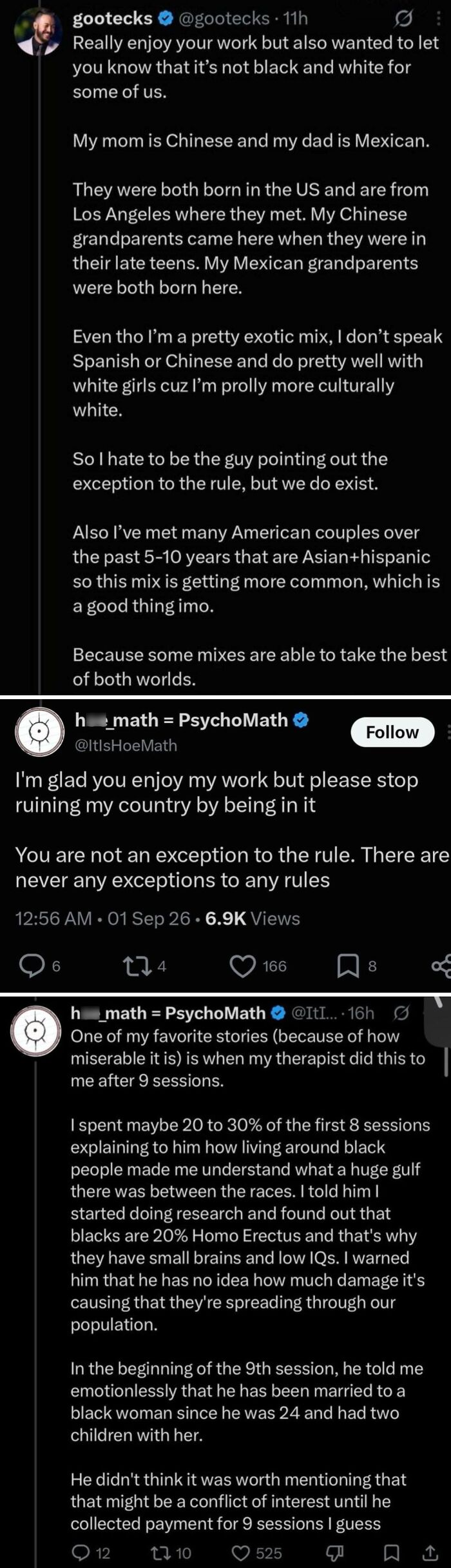 Tweets from @gootecks about racial identity and @h__math on psychological support, demonstrating hypocrisy and self-reflection.