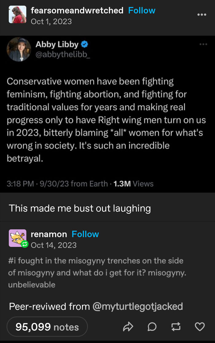 A social media post about conservative women feeling betrayed by right-wing men, showing hypocrisy.