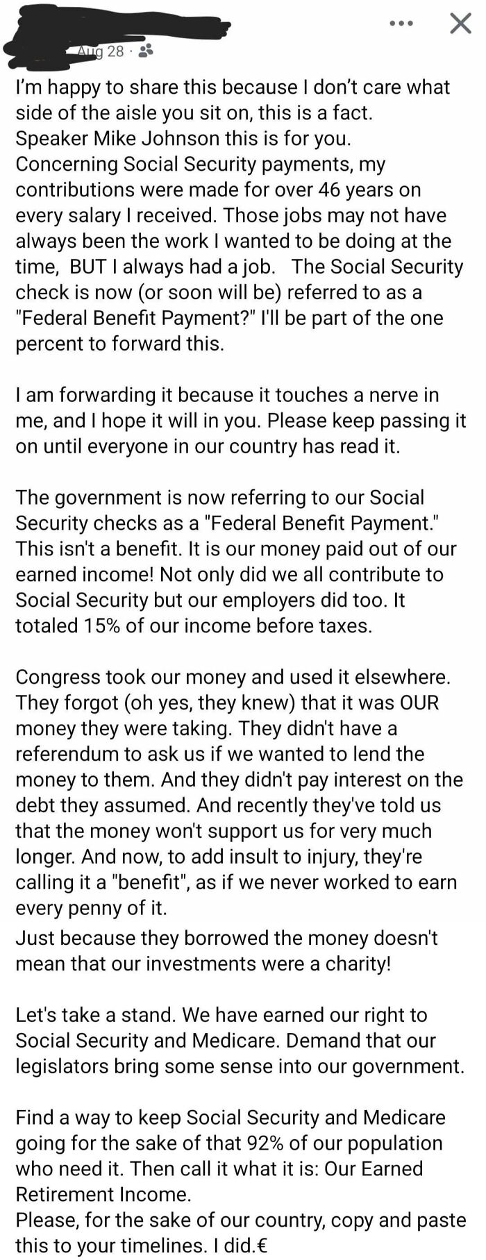 A social media post on hypocrisy regarding Social Security benefits and federal benefit payment issues.