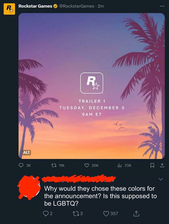 A social media post from Rockstar Games and an unhinged comment about the colors for the announcement.