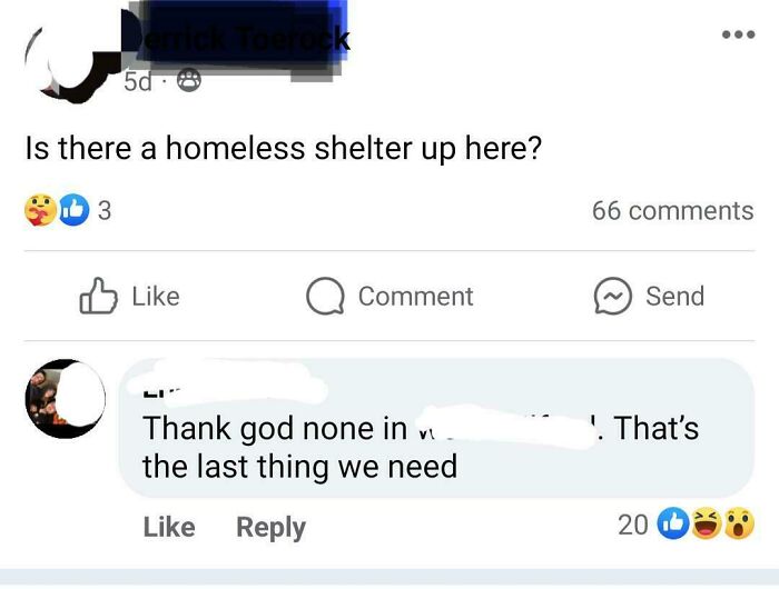 A social media post showing unhinged thoughts from a user asking about homeless shelters, followed by a negative comment.